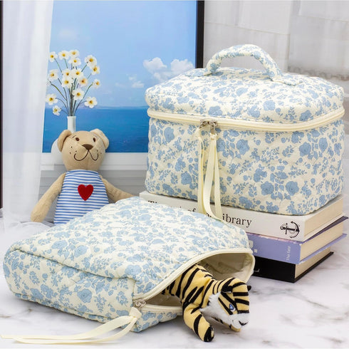PAZIMIIK Cotton Makeup Bag for Women, Large Quilted Travel Cosmetic Case, Little Flower Blue