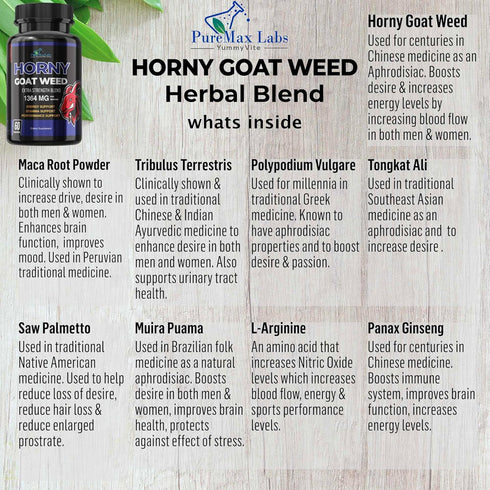 YUMMYVITE 60 Horny Goat Weed Extra Strength - with Maca, L-Arginine, Ginseng - Boost Desire, Performance, Stamina