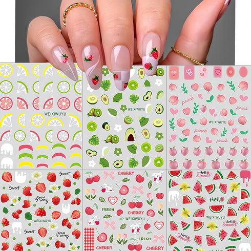6 Sheets Fruit Nails Stickers Summer Nails Art Stickers 3D Self Adhesive Colorful Fruit Nail Decals Cute Fruits Strawberry Watermelon Cherry Nail Design Nail Art Supplies for Women Nail Decorations
