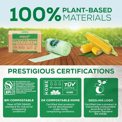 ANECO Compostable Food Waste Bags, 3 Gallon with Handles, 30 Count, BPI Certified