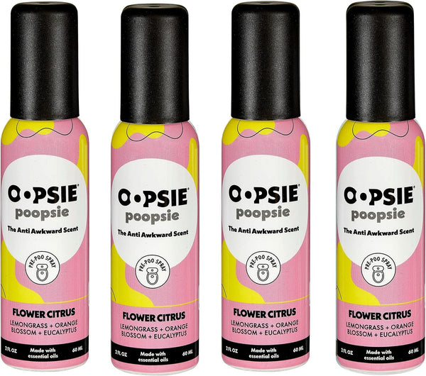 Pre Poop Spray, 4 Pack Flower Citrus, Natural Pre Poo Toilet Spray for Bathrooms, 2oz Travel Size.