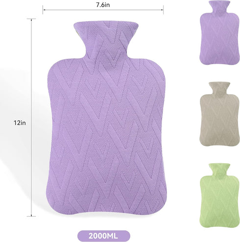 Samply Hot Water Bottle with Cover, 2L for Hot and Cold Compress, Neck and Shoulder Pain Relief, Light Purple