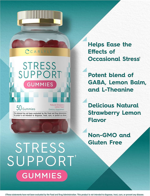 Carlyle Stress Support Gummies | 50 Count | with GABA & L-Theanine | Strawberry Lemon Flavor | Non-GMO, Gluten Free