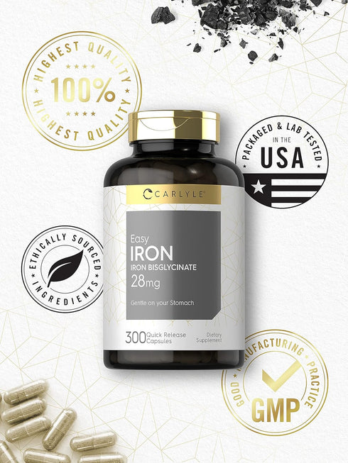 Carlyle Easy Iron 28 mg, 300 Capsules, Non-GMO, Gluten Free, Gentle on Stomach Formula
