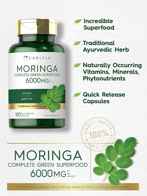 Carlyle Moringa Oleifera | 180 Non-GMO Capsules | Complete Green Superfood from Moringa Leaf Powder