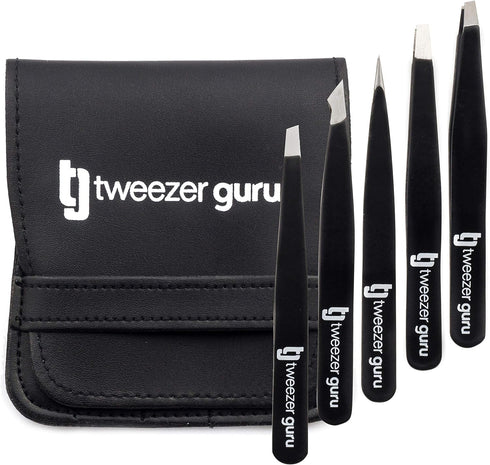 Tweezers Set - 5-piece Stainless Steel Slant Tip and Pointed Eyebrow Tweezers for Precision Hair Removal