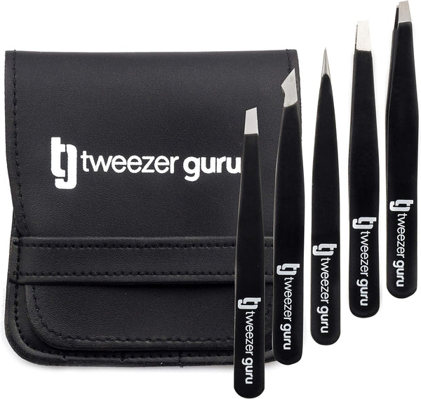 Tweezers Set - 5-piece Stainless Steel Slant Tip and Pointed Eyebrow Tweezers for Precision Hair Removal