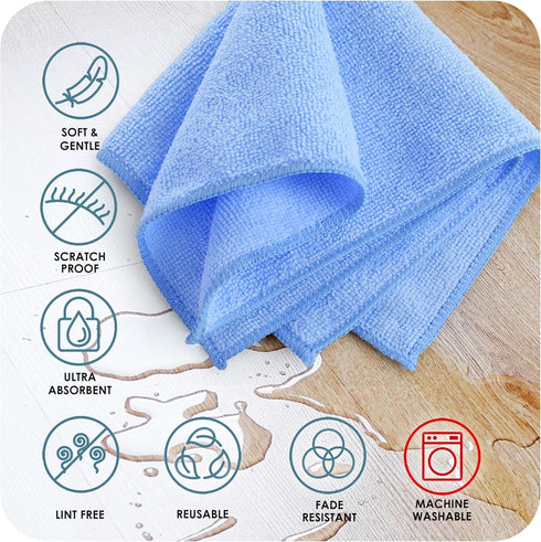 Hearth & Harbor Microfiber Cleaning Cloth, 12 Pack Blue Washcloths, Reusable Lint Free Towels for Cars and Cleaning