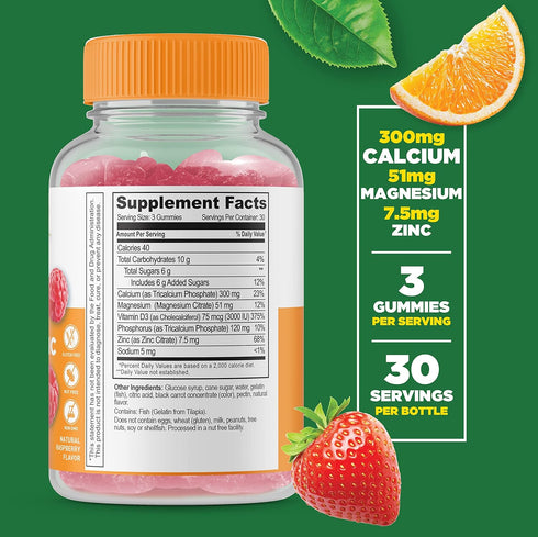 Lifeable Calcium, Magnesium, Zinc and Vitamin D Gummies - Great Tasting Natural Flavor Vitamin Supplements - Gluten Free GMO Free Chewable - for Bone Health - for Adults, Man, Women - 90 Gummies