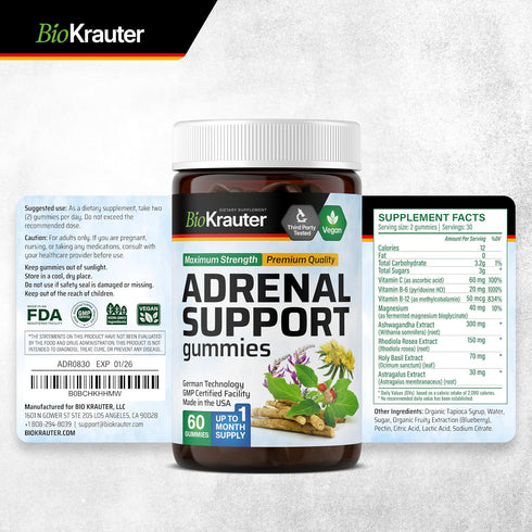 Adrenal Support Gummies, Organic Rhodiola & Ashwagandha, 60 Chews, Vegan Mood Support Supplement with Vitamins