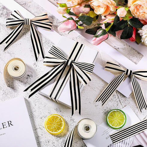 3 Rolls 1 Inch x 18 Yards Christmas Black White Stripe Ribbon, Natural Cotton for Gift Wrapping, Home Christmas Decor