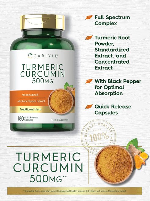 Carlyle Turmeric Curcumin with Bioperine | 500 mg | 180 Powder Capsules | Non-GMO, Gluten Free