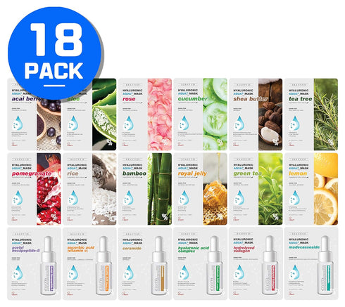 Hyaluronic Aqua Plus Essence Full Face Facial Sheet Mask Combo - VALUE SET, 18 Sheets