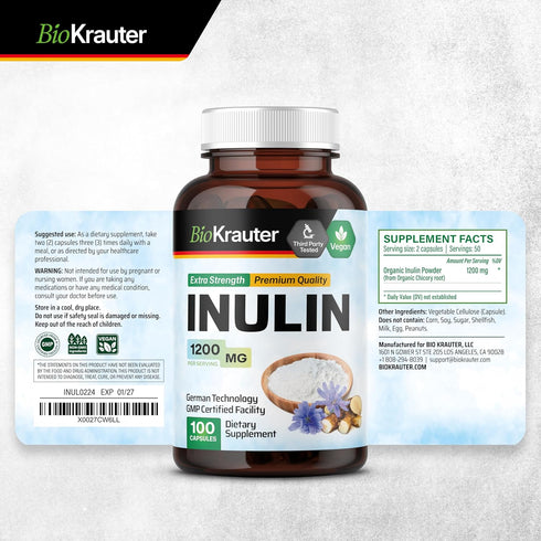 BIO KRAUTER Inulin Powder Capsules - 1200 mg Prebiotic Fiber Supplements - 100 Count Chicory Root Fiber for Digestive