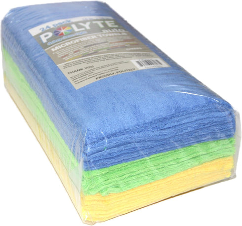 POLYTE Microfiber Cleaning Towel Ultrasonic Cut Edgeless (16x16, 24 Pack, Premium, Blue, Green, Yellow)