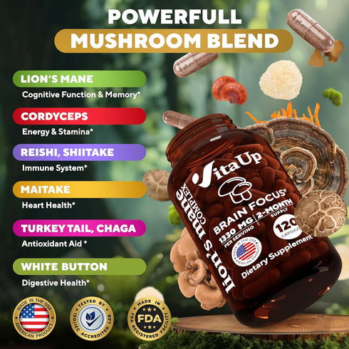 Lions Mane Supplement Capsules - USA Made Lion's Mane Mushroom Complex 1330mg - Mushroom Supplement with Cordyceps, Shiitake, Reishi - Brain Supplements for Memory and Focus - 120 Count
