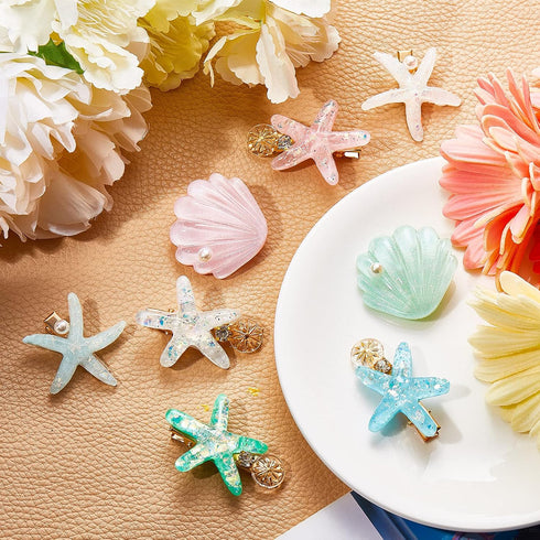 WILLBOND Artificial Shell Pearl Starfish Hair Clip Set (12 Pieces) - Acrylic Resin Beach Wedding Supplies
