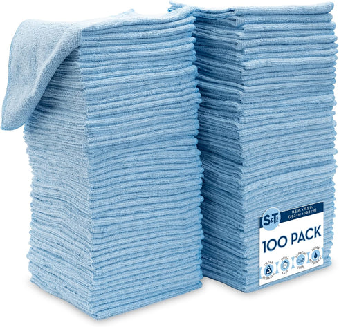 S&T INC. 100 Pack Microfiber Cleaning Cloth, Reusable Towels for Home and Cars, Light Blue, 11.5 in. x 11.5 in.