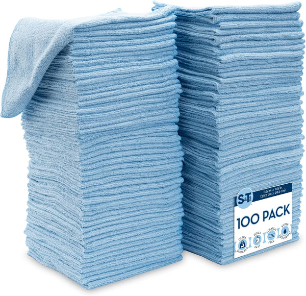 S&T INC. 100 Pack Microfiber Cleaning Cloth, Reusable Towels for Home and Cars, Light Blue, 11.5 in. x 11.5 in.