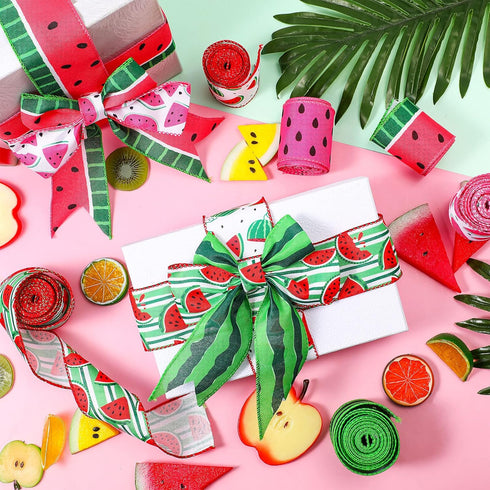 6 Roll 30 Yard Summer Wired Ribbon, 2.5 Inch Watermelon Print for Gift Wrapping, Wreath Craft, Baby Shower Decor