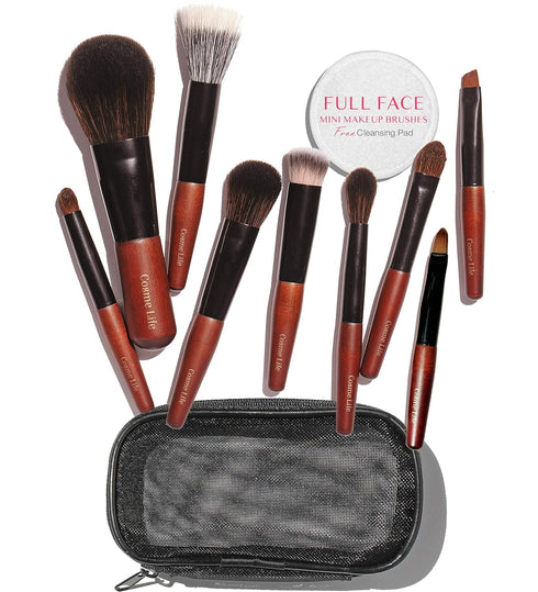 Cosme 9 FULL FACE MINI TRAVEL Makeup Brush Set, Natural Coverage Brushes with Brush Case