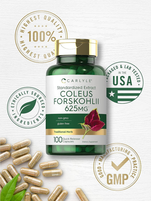 Carlyle Coleus Forskohlii Capsules | 625mg | 100 Count | Non-GMO & Gluten Free Standardized Extract