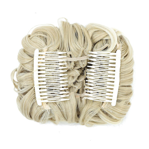 SWACC Short Messy Curly Dish Hair Bun Extension, Easy Stretch Combs, Clip in Ponytail, Beige/Blonde Mixed-24T613#