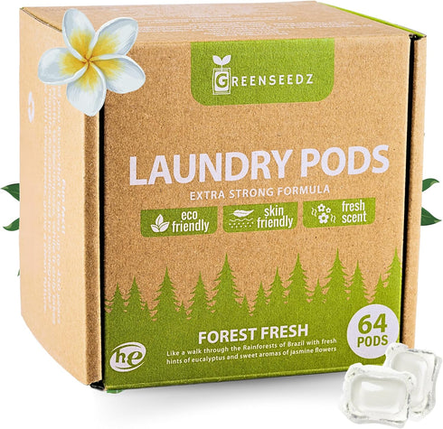 Eco Friendly Laundry Detergent Pods, 64 Pacs, Powerful Stain and Odor Removal, Biodegradable, HE Compatible
