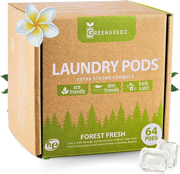 Eco Friendly Laundry Detergent Pods, 64 Pacs, Powerful Stain and Odor Removal, Biodegradable, HE Compatible