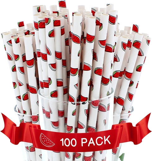 Watermelon Paper Straws Pack of 100, Biodegradable Disposable Party Decorations, 7.75 Inches