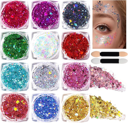 Teenitor Body Glitter Face Glitter Makeup, 12 Colors Face and Body Glitter Gel for Hair and Makeup