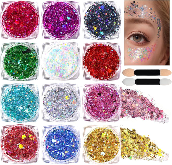 Teenitor Body Glitter Face Glitter Makeup, 12 Colors Face and Body Glitter Gel for Hair and Makeup