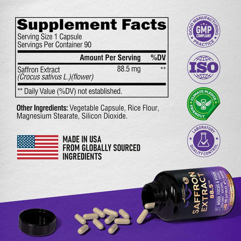 Natural Saffron Supplements, Pure Saffron Extract 88.5 mg, 90 Powder Capsules for Mood & Energy Support
