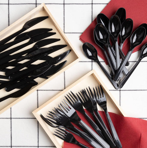 PlasticPro 200 Pack Heavy Weight Black Plastic Spoons, Disposable Cutlery Set