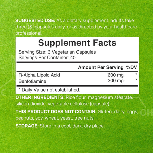 DEAL SUPPLEMENT R Alpha Lipoic Acid 600mg with Benfotiamine 300mg Per Serving, 120 Veggie Capsules – 200mg R-ALA Per Capsule – Antioxidant Supplement for Energy & Nervous System Support