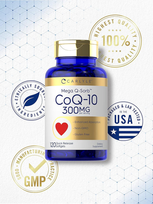 Carlyle CoQ10 300mg | 120 Softgels | Non-GMO, Gluten Free | Mega Q-Sorb Coenzyme Q-10 with Black Pepper Extract