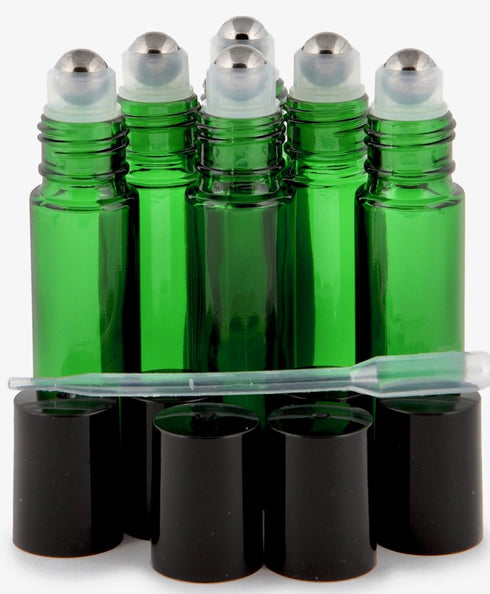 Vivaplex 10 ml Green Glass Roll-on Bottles with Stainless Steel Roller Balls - .5 ml Dropper Included