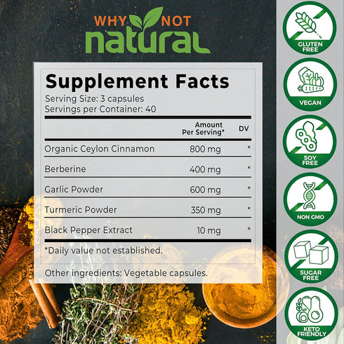 5-in-1 Organic Ceylon Cinnamon Capsules with Berberine, Garlic, Turmeric, Black Pepper Extract (120 Capsules)