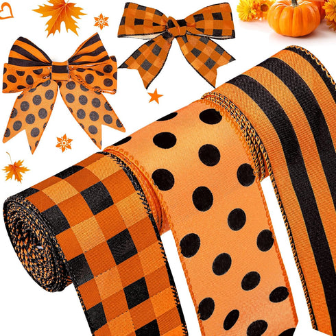 Christmas Burlap Ribbon, 3 Rolls Orange and Black Plaid, 2.5 Inch x 15 Yards for DIY Crafts, Party Decoration