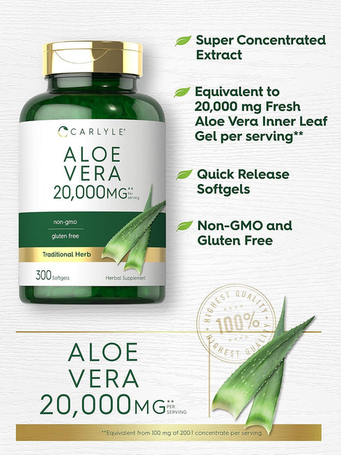 Carlyle Aloe Vera Softgel Capsules 20,000mg - 300 Count, Non-GMO, Gluten Free Aloe Vera Gel Supplement