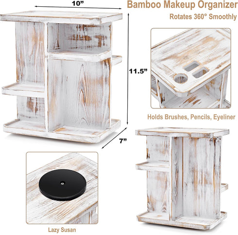 Sorbus 360° Makeup Organizer, Grey Rustic Wood Storage Carousel for Cosmetics, Rotating Makeup Organizer for Vanity