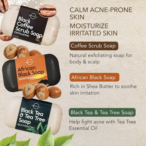 O NATURALS 100% Natural Bar Soap Gift Set, Organic Ingredients & Essential Oils, 6PC Black Soap Collection