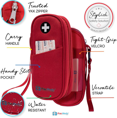 PracMedic Bags Epipen Carry Case, Insulated for Epi Pens, Inhaler, Allergy Medication, Durable Emergency Pouch (Red)
