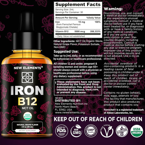 Liquid Iron Supplement for Women & Men - 2 Fl Oz - with Vitamin B12 5000mcg, Natural Grape Flavor, Blood Builder for