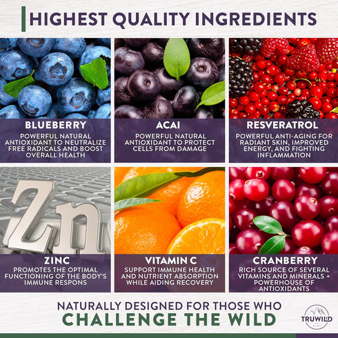 TruWild Protect+ Vegan Immune Support & Antioxidant, All Natural Vitamin C, Zinc, Magnesium, 30 Servings, Non GMO
