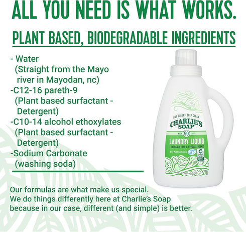 Charlie's Soap Fragrance Free Laundry Liquid, 50 Loads, One 50-Load Bottle.