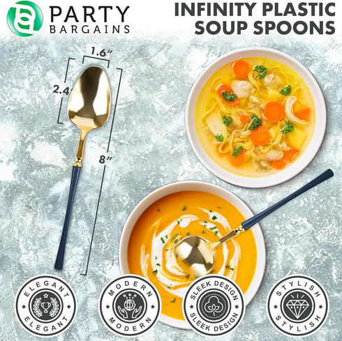 Party Bargains Disposable Plastic Navy Gold Soup Spoons, Infinity Modern Design Utensils, 40 Pack