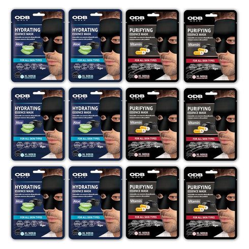 ODB for MEN Charcoal Essence Sheet Mask, 12 PK Hydrating Aloe & Purifying Vitamin for Men's Skin Care