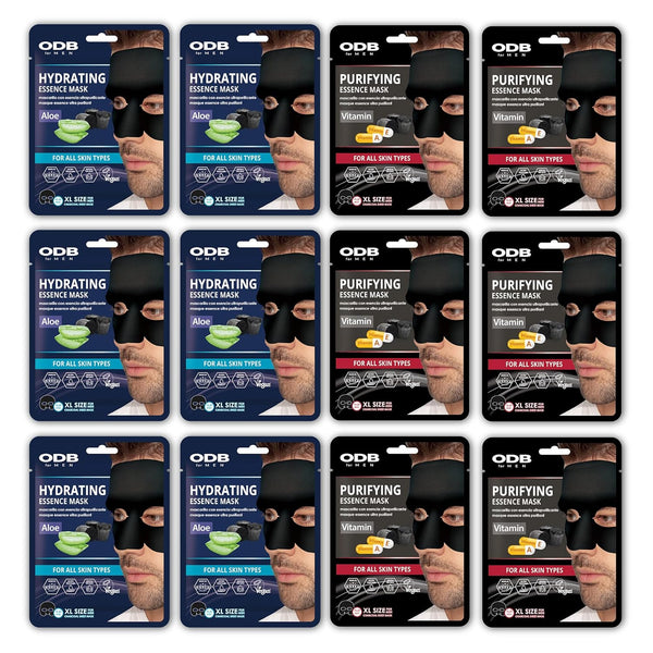 ODB for MEN Charcoal Essence Sheet Mask, 12 PK Hydrating Aloe & Purifying Vitamin for Men's Skin Care