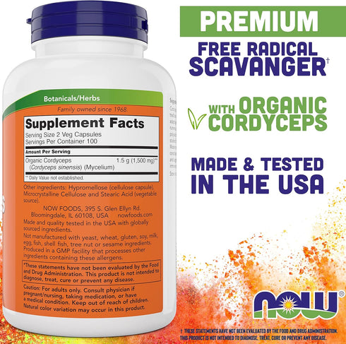 NOW Foods Cordyceps 750mg 200 Veg Caps - Organic Cordycep Sinensis Mycelium Mushroom in Non-Organic Capsules - Vegan,